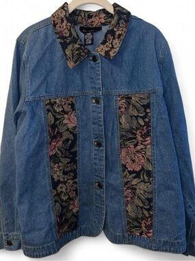 Denim&Co Blue Denim Jacket with Floral Tapestry Panels